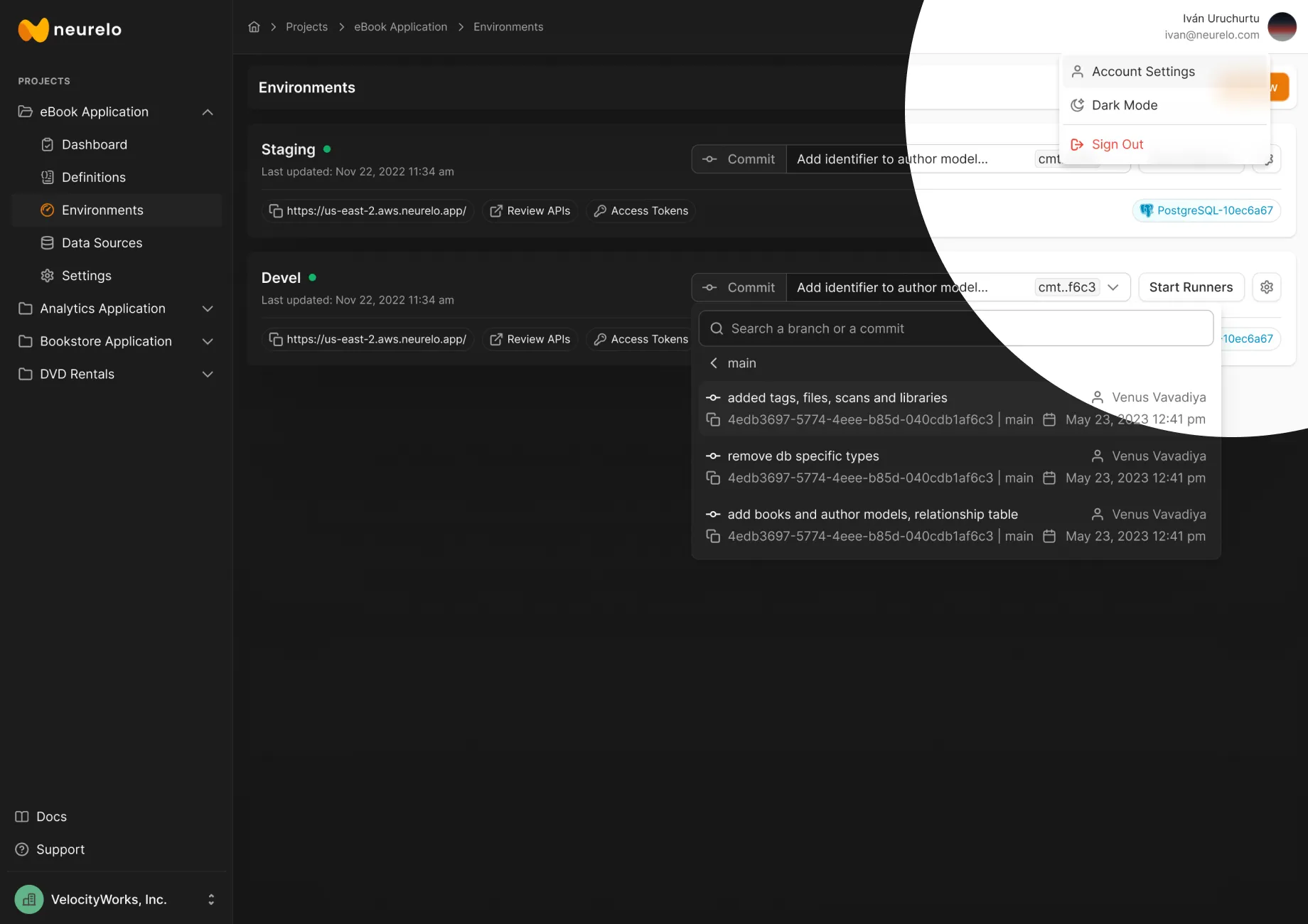 Neurelo product showing light and dark theme applied across environments view with commit history and branch selector
