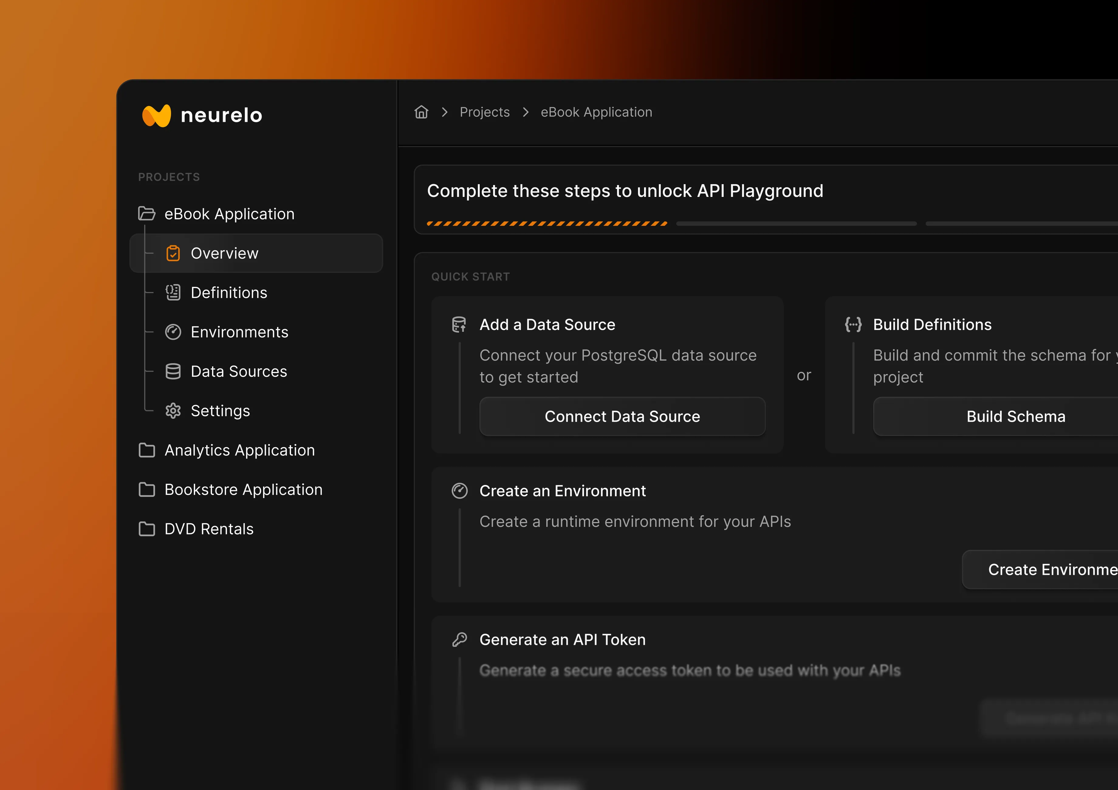 Neurelo dashboard with project overview and onboarding checklist to unlock API Playground