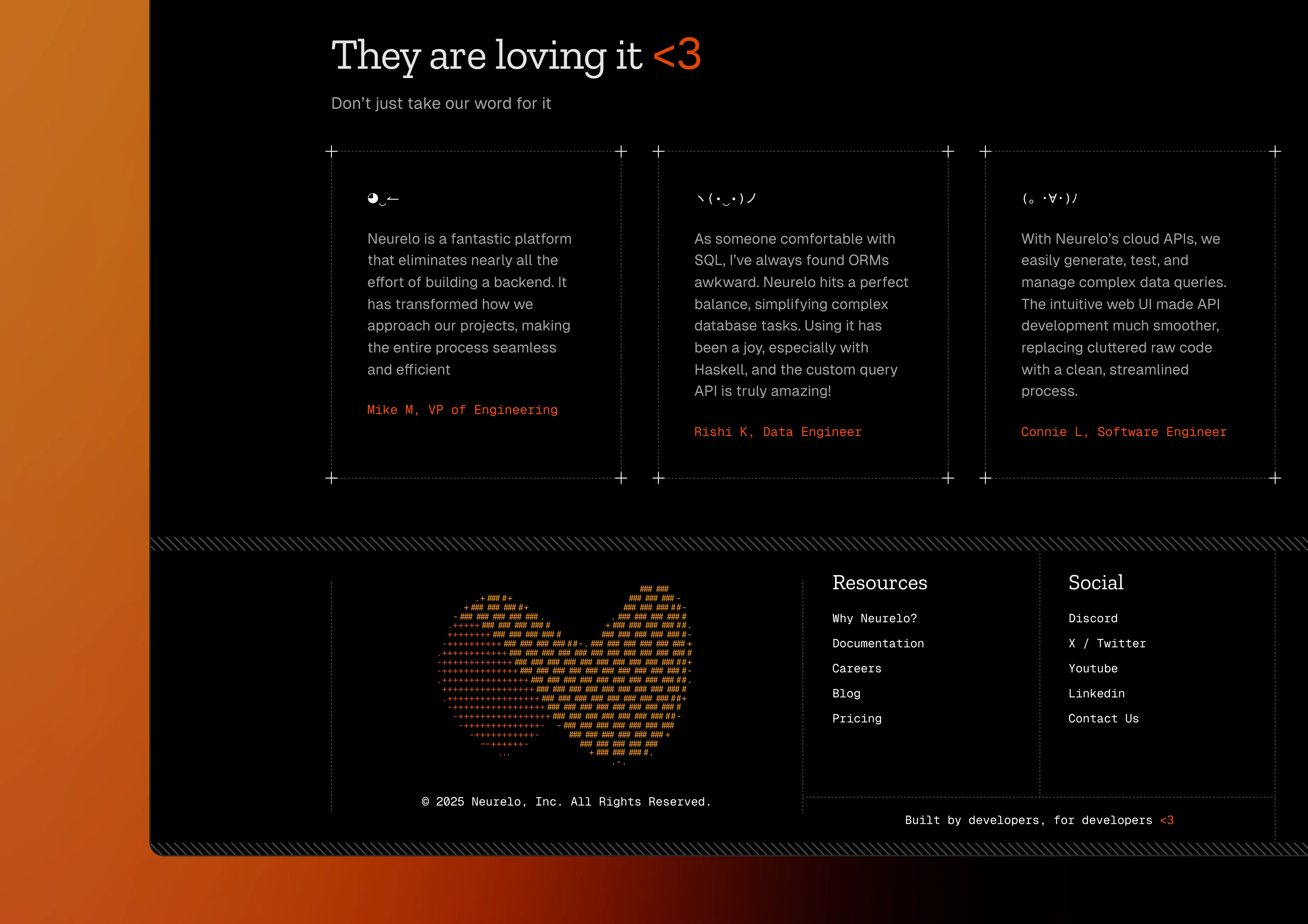Neurelo marketing website testimonials section with customer quotes and ASCII art footer