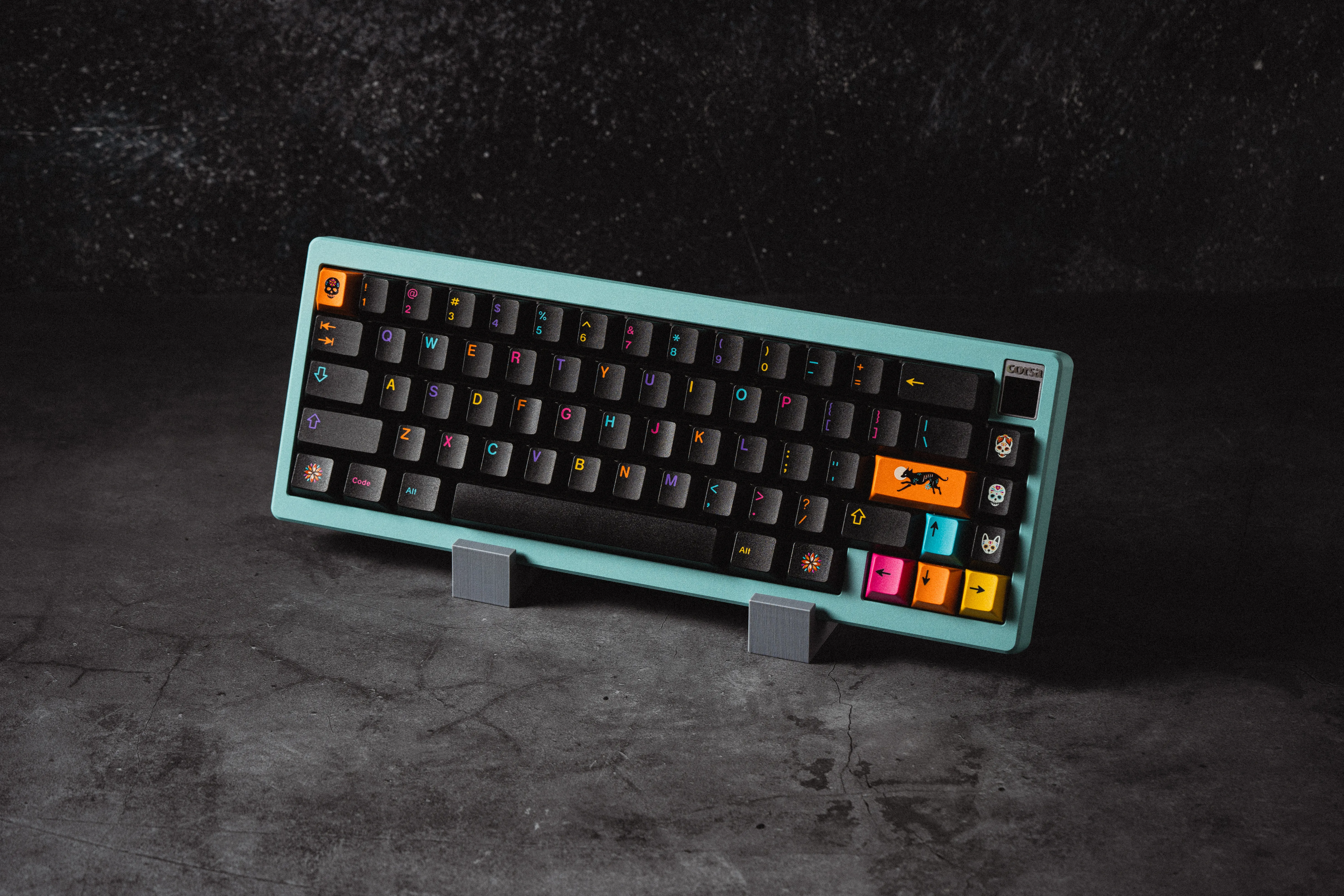 GMK Mictlán keyboard on stand with colorful accent keys