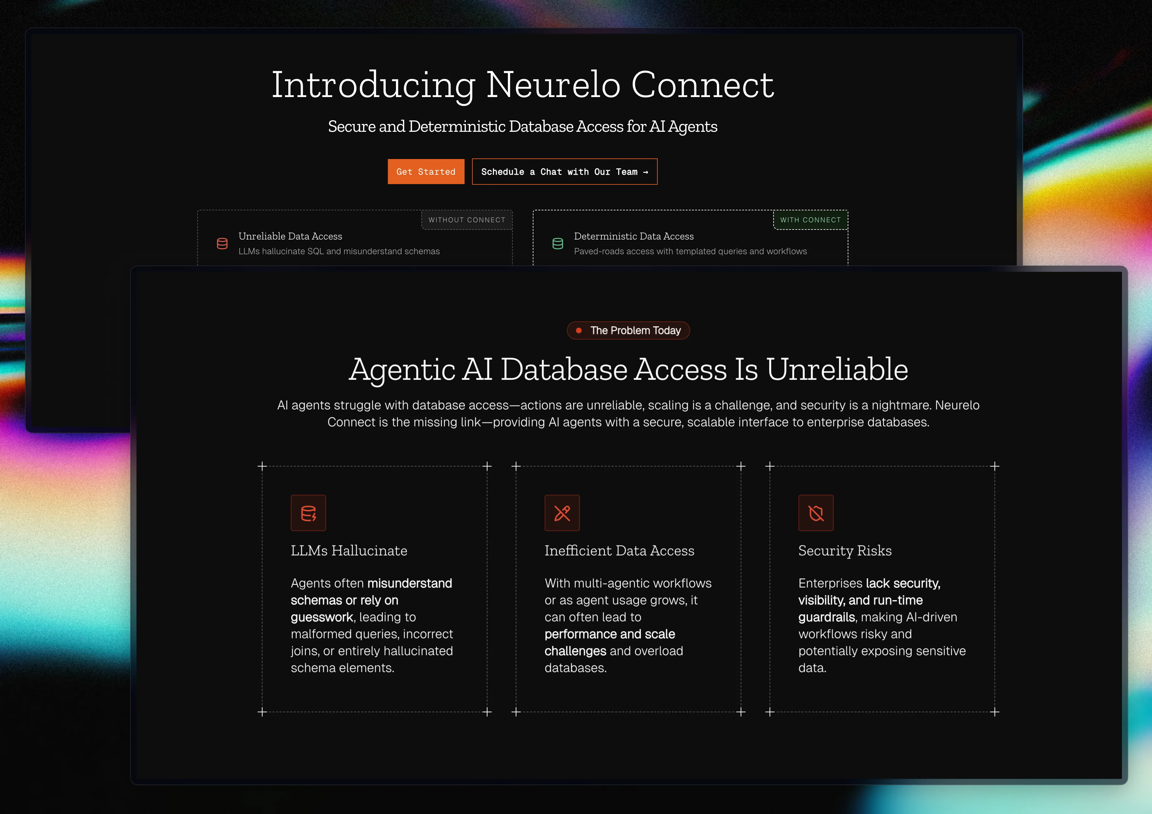 Neurelo Connect marketing website showing hero section and problem statement about unreliable agentic AI database access